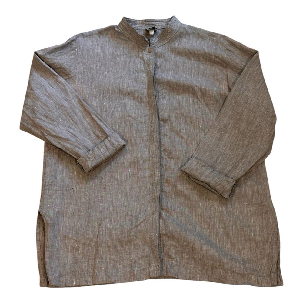 EILEEN FISHER Gray Organic Linen Mandarin Collar Button Front Tunic Shirt Medium